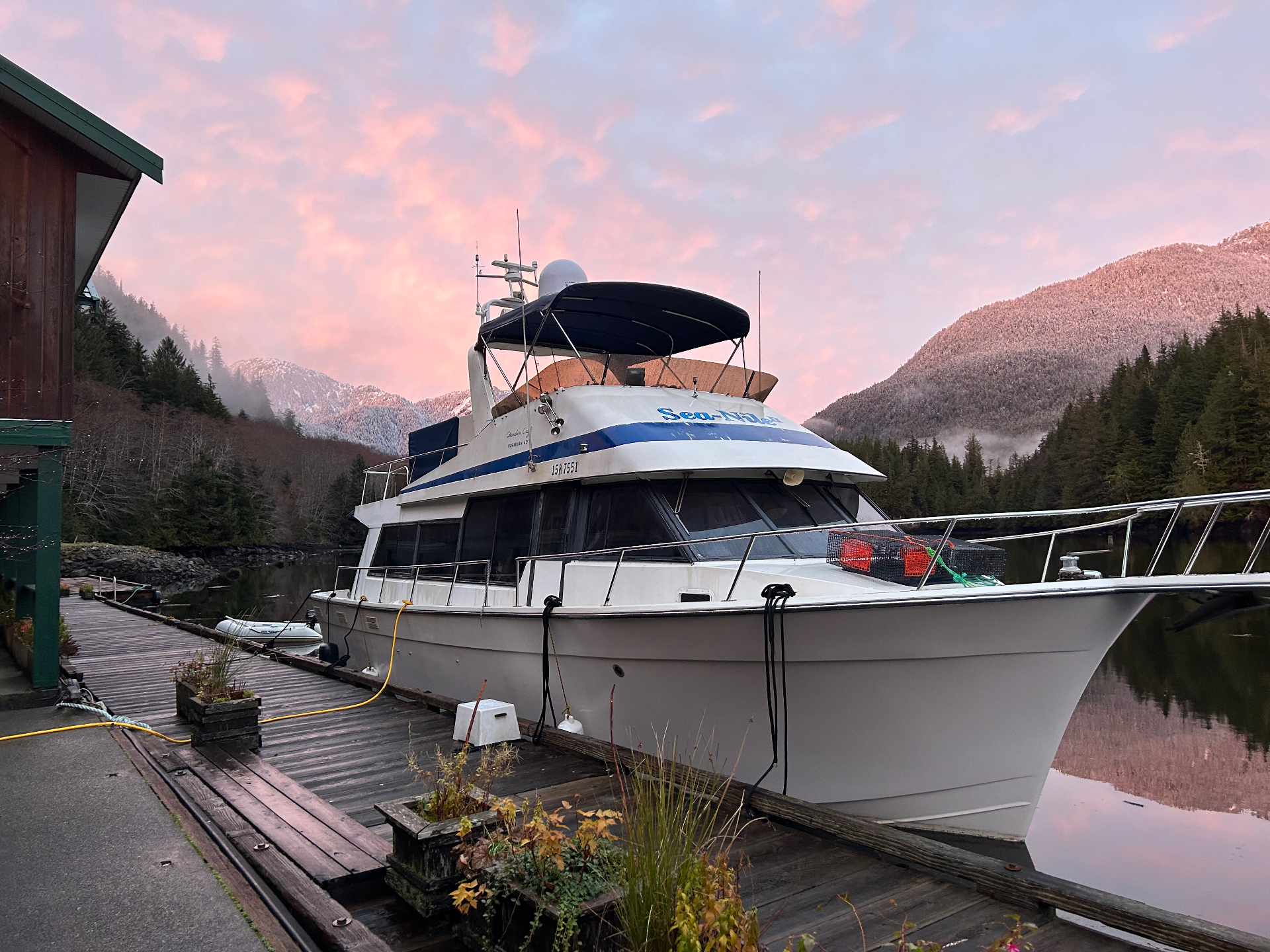 Sea-Nidea, the 44-foot custom Norseman charter vessel, at dock at sunrise before an Inside Passage charter