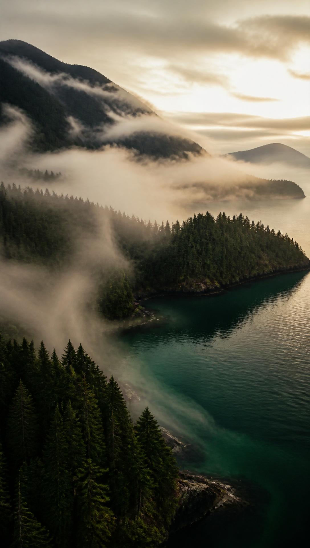 Misty Inside Passage coastline at dawn on the British Columbia coast near Winter Harbour